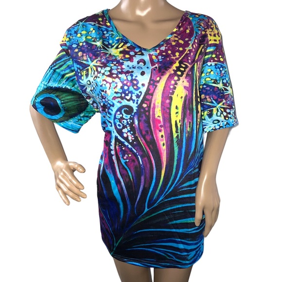 MISSLOOK | COLORFUL PEACOCK FEATHER PRINT SHORT SLEEVE TOP - Picture 1 of 8